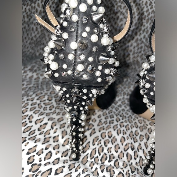 Gianni Bini Womens Ankle Strap Peep Toe Pumps Heels with Studs Pearls and Spikes - Picture 4 of 16